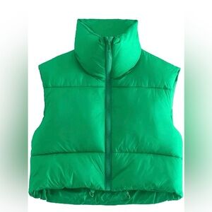 Emerald Green Quilted Puffer Vest with Stand-Up Collar